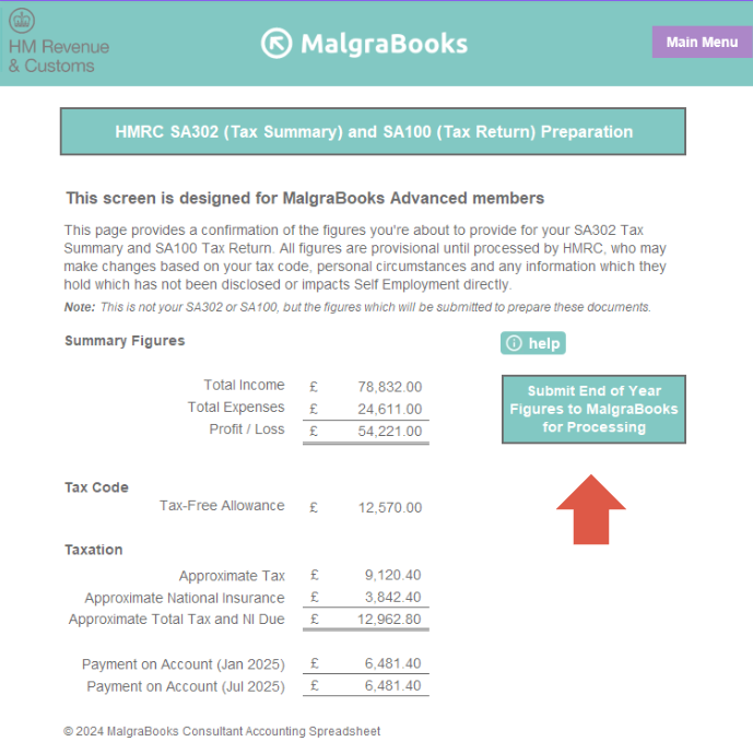 SA302 Tax Summary preparation screen