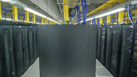 Security room with rows of server hardware in data center timelapse hyperlapse
